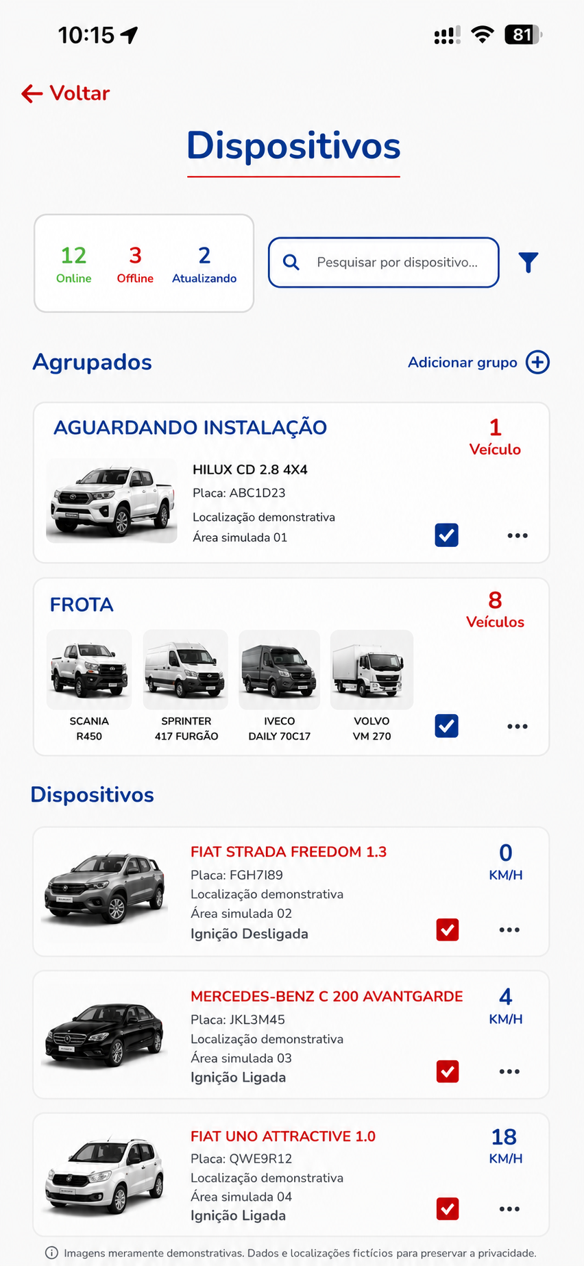 Lista de dispositivos e veículos na Plataforma USAGPS