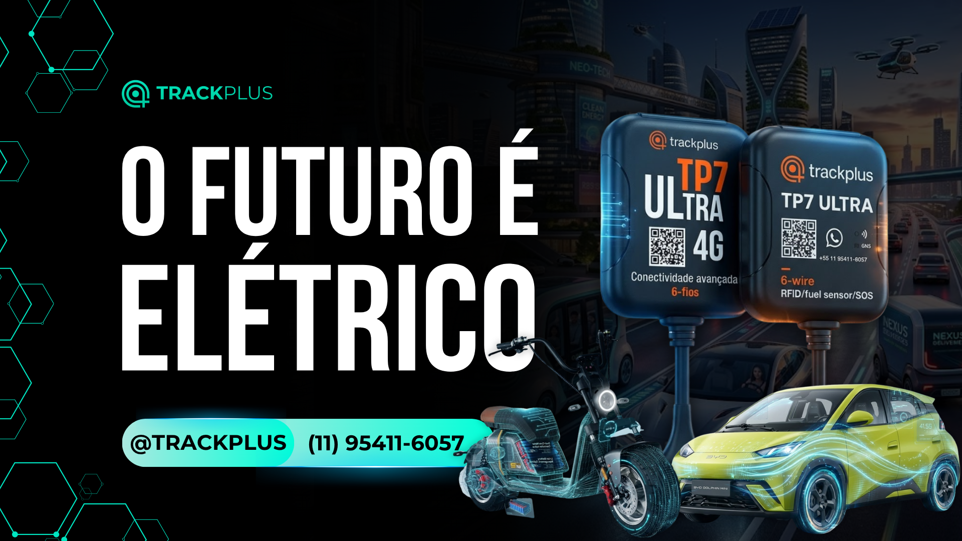 Rastreador TP7 Ultra 4G da Trackplus ao lado de veículos elétricos como scooter e carro BYD Dolphin Mini em cidade futurista