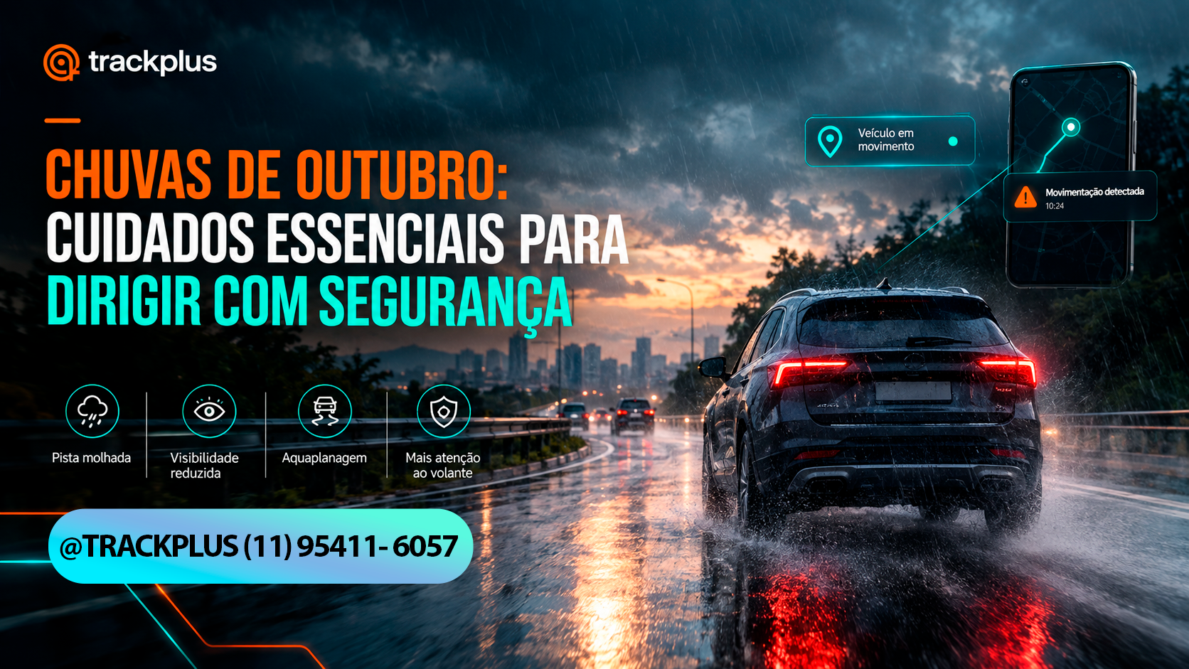 Carro dirigindo em pista molhada durante chuva, com alertas de rastreamento veicular no celular
