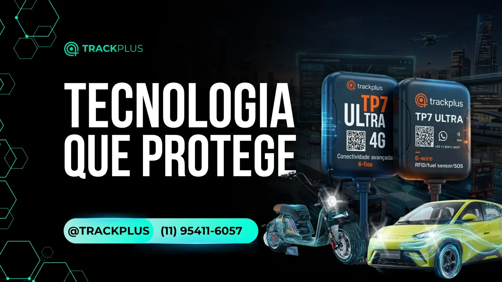 Rastreador TP7 Ultra 4G da Trackplus com moto e carro conectados, tecnologia que protege